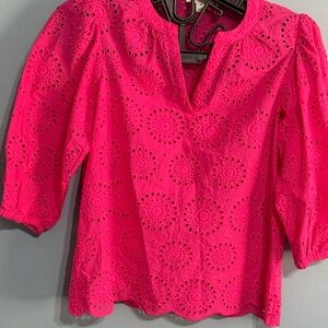 Vibrant Pink Blouse with Puff Sleeves and Graphic Design